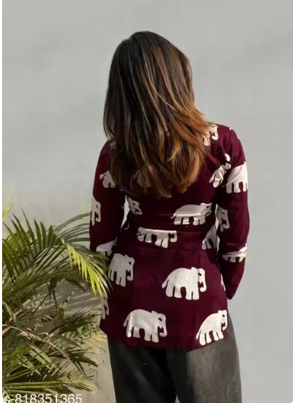 Maroon All-Over Elephant Print Square Neck Long Sleeve Fitted Kurti Top