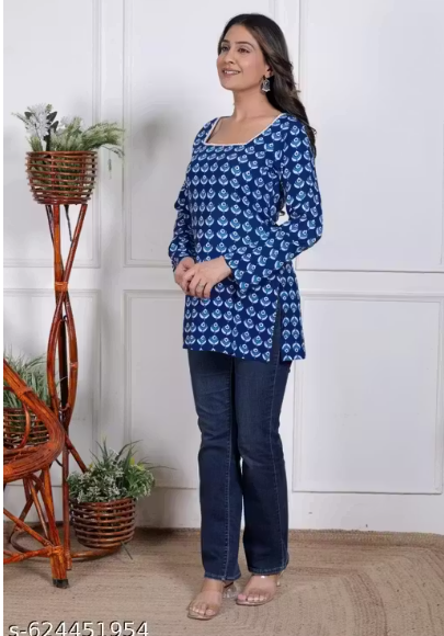Indigo Peacock Booti Block Print Lace Trim Square Neck A-Line Short Kurti