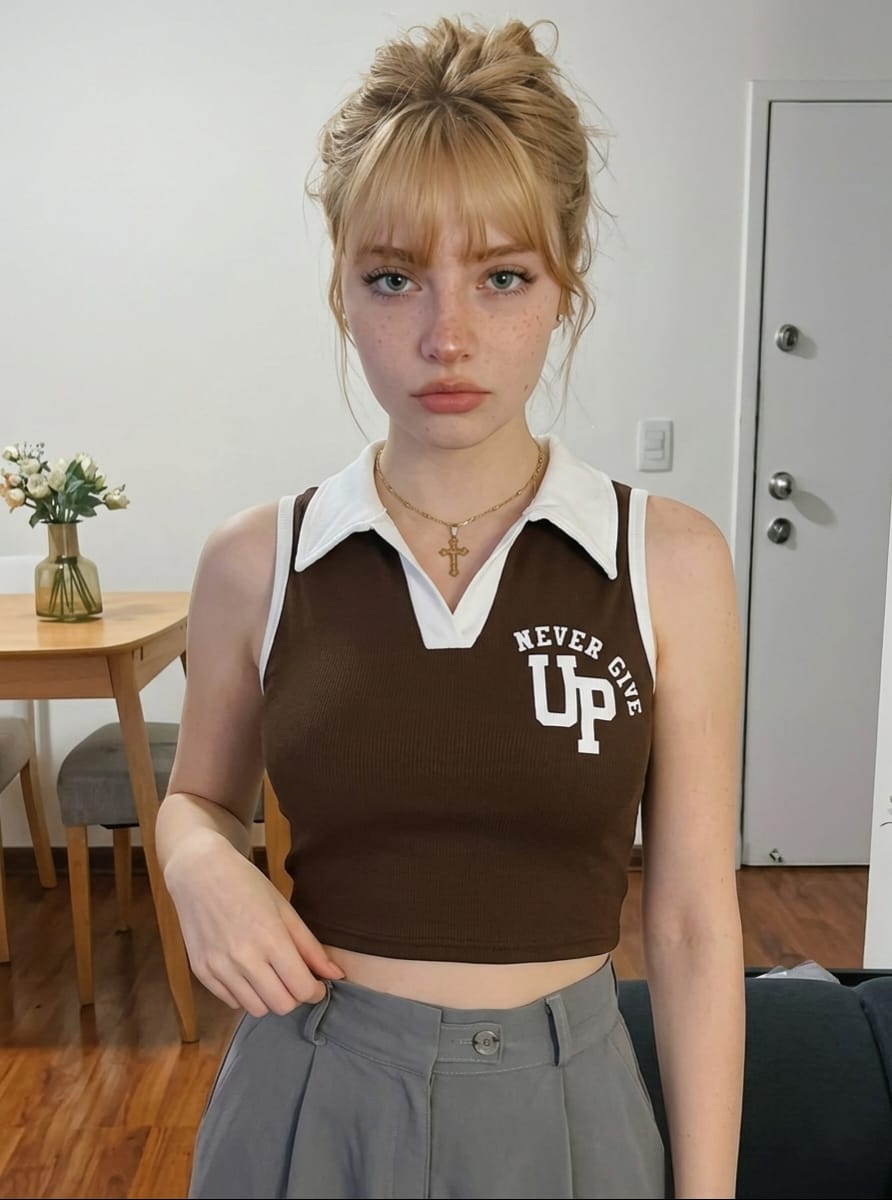Brown collar crop top (Never give up)