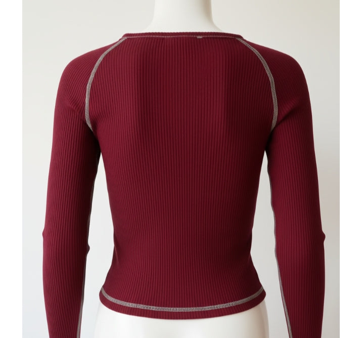 Stitch Ribbed Full-Sleeve Fitted T-Shirt (Red)