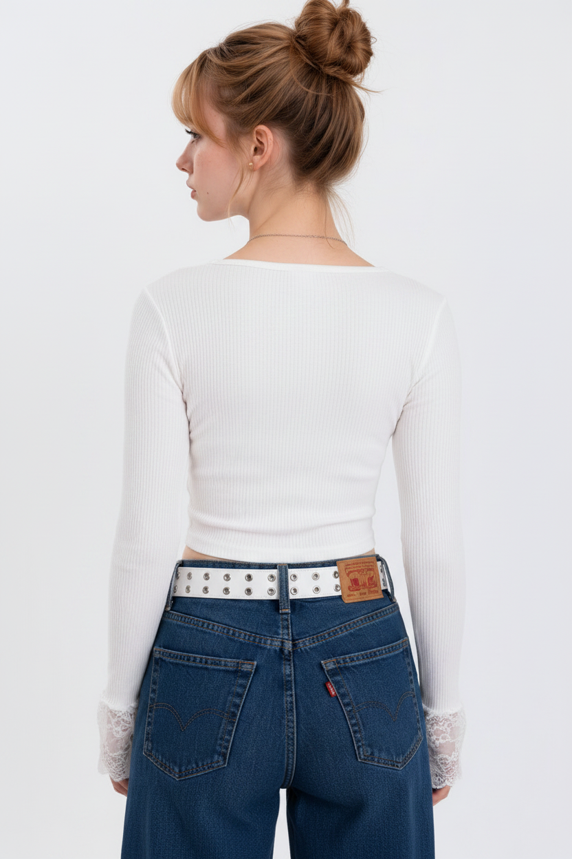 Back Model - White Lace Trim Ribbed Top
