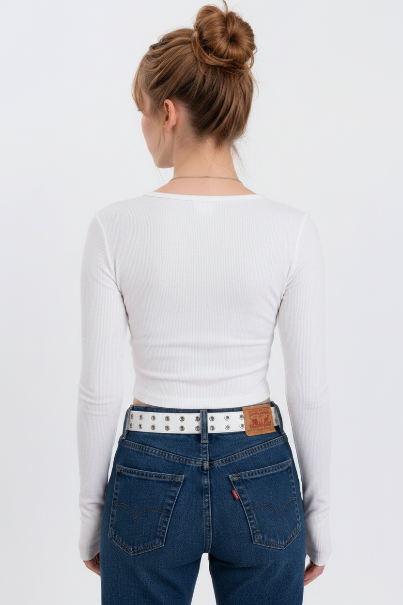 Henley Button Full-Sleeve Fitted Top (White)