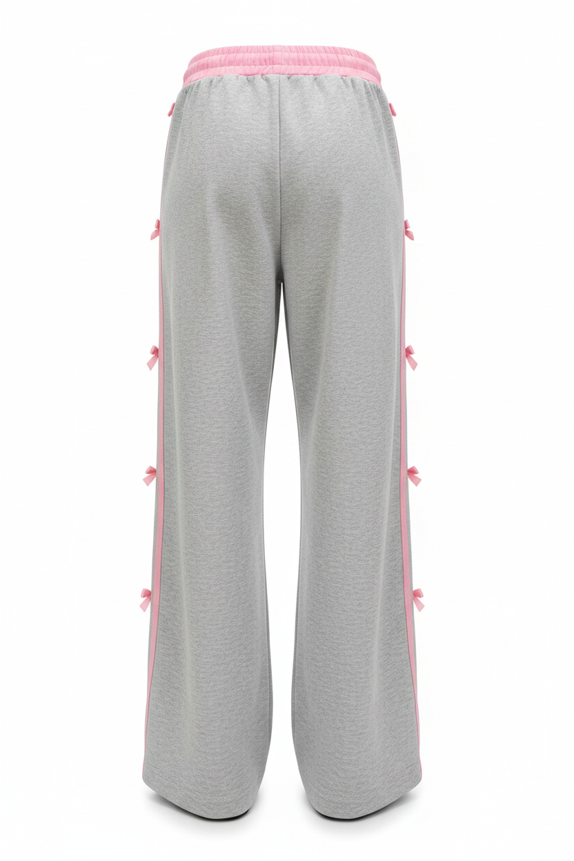 Pink Bow Ribbon Side Stripe Coquette Wide-Leg Jogger