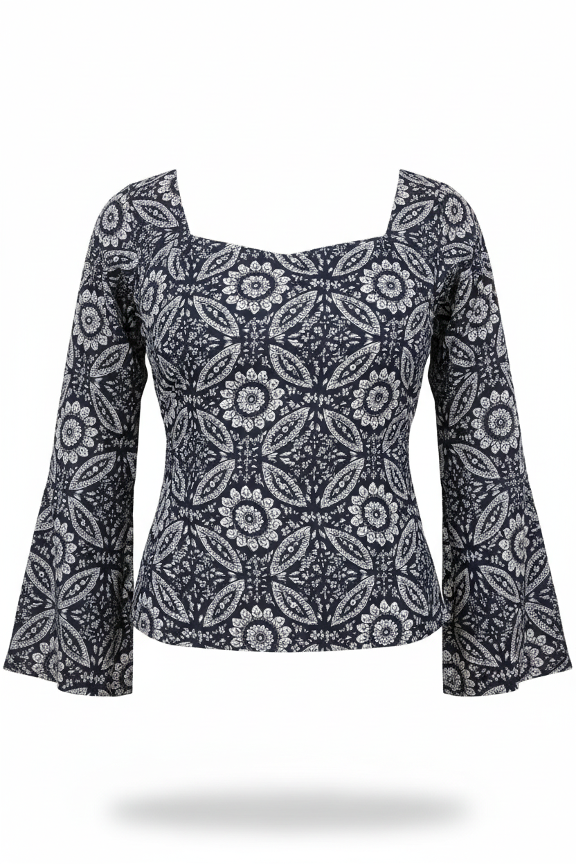 Navy Block Print Top - Ghost Mannequin Front