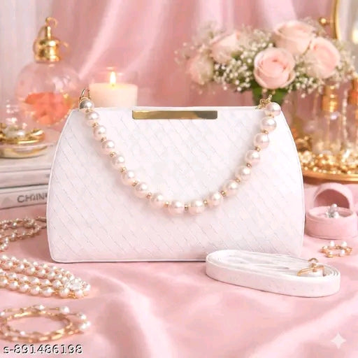 Pearl Beaded Handle Gold Bar Quilted Structured Clutch Bag