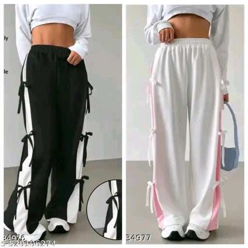 Multi-Bow Side Tie Colorblock Wide-Leg Track Joggers (2 pcs)