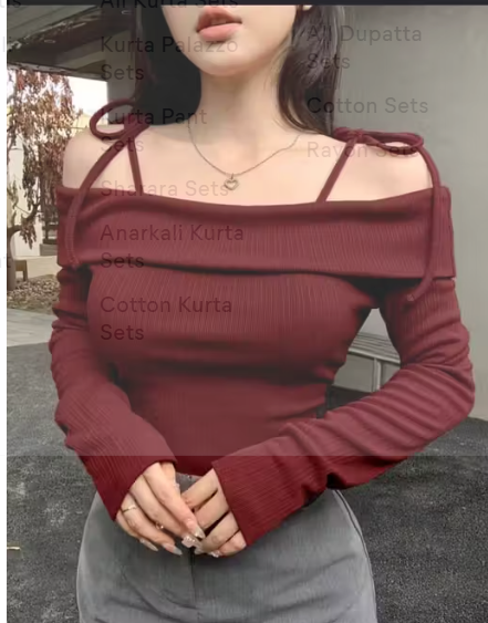 Tie-Strap Cold Shoulder Full-Sleeve Top (Wine Red)