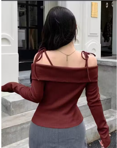 Tie-Strap Cold Shoulder Full-Sleeve Top (Wine Red)