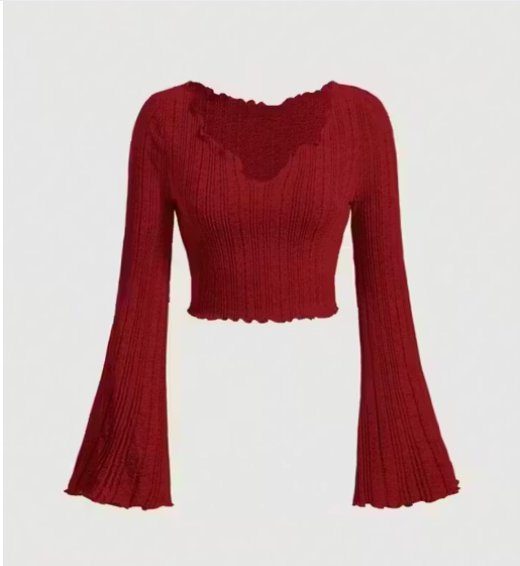 V-Neck Flare Sleeve Smocked Crop Top