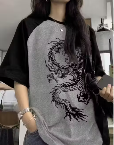 Dragon Soul Raglan Contrast Sleeve Oversized T-Shirt