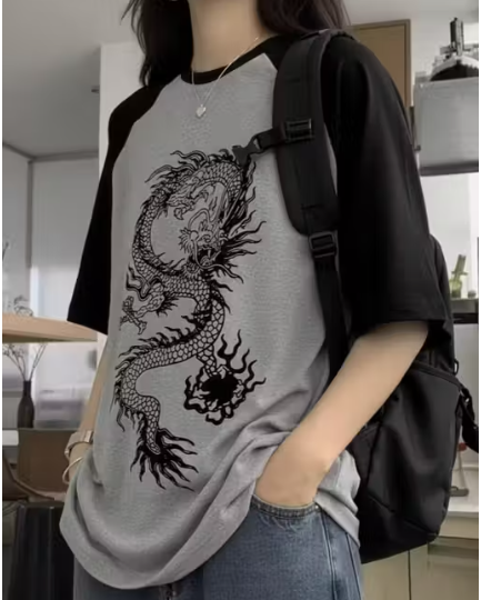 Dragon Soul Raglan Contrast Sleeve Oversized T-Shirt