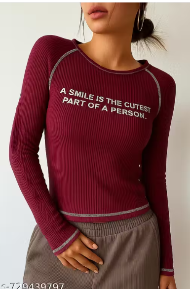 Stitch Ribbed Full-Sleeve Fitted T-Shirt (Red)