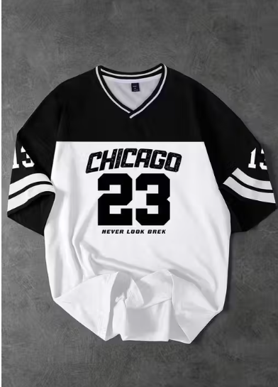 "Chicago 23 Never Look Back" Colorblock V-Neck Jersey T-Shirt