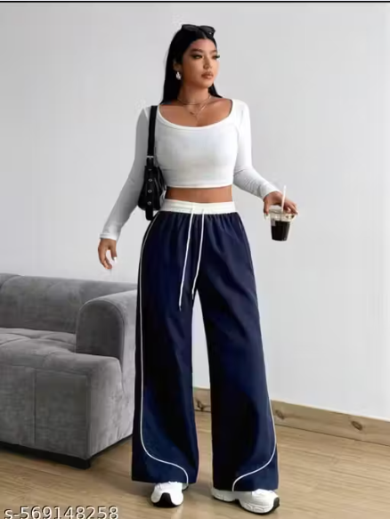 White Piping Contrast Waistband Wide-Leg Jogger