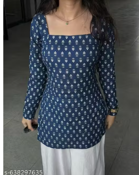 Navy Booti Print Square Neck Tie-Back Short Kurti