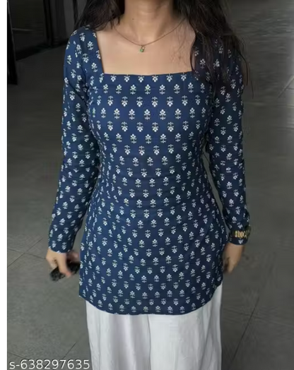 Navy Booti Print Square Neck Tie-Back Short Kurti