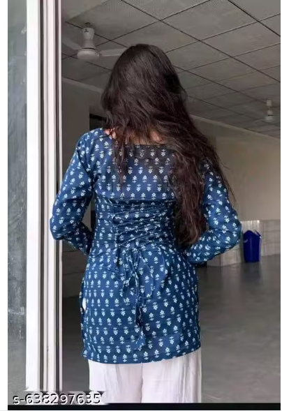 Navy Booti Print Square Neck Tie-Back Short Kurti