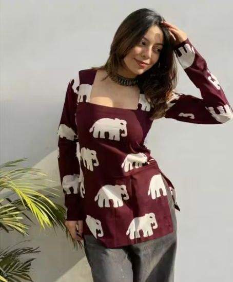 Maroon All-Over Elephant Print Square Neck Long Sleeve Fitted Kurti Top