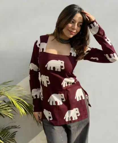 Maroon All-Over Elephant Print Square Neck Long Sleeve Fitted Kurti Top