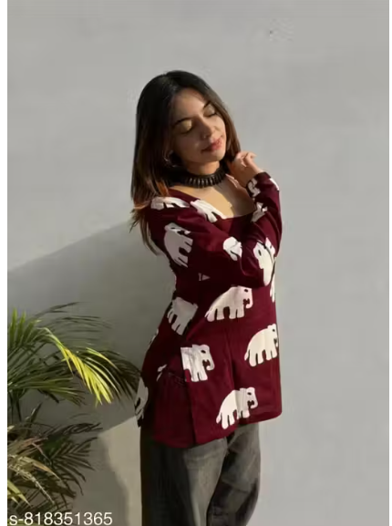 Maroon All-Over Elephant Print Square Neck Long Sleeve Fitted Kurti Top