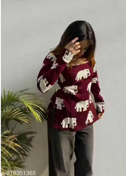 Maroon All-Over Elephant Print Square Neck Long Sleeve Fitted Kurti Top