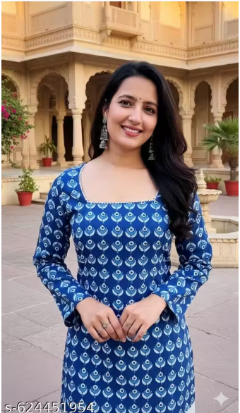 Indigo Peacock Booti Block Print Lace Trim Square Neck A-Line Short Kurti
