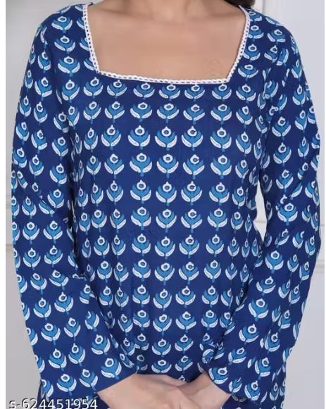 Indigo Peacock Booti Block Print Lace Trim Square Neck A-Line Short Kurti