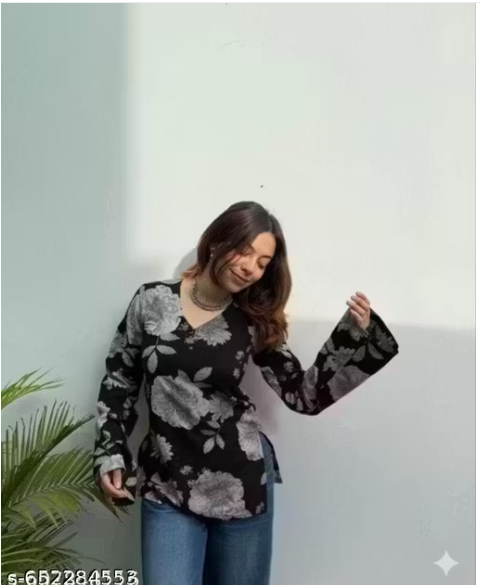 Black Grey Floral V-Neck Wrap Bell Kurti