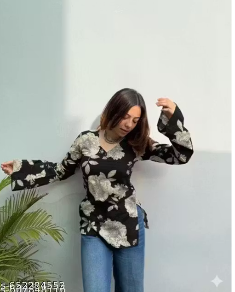 Black Grey Floral V-Neck Wrap Bell Kurti