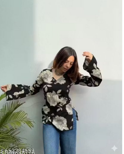 Black Grey Floral V-Neck Wrap Bell Kurti