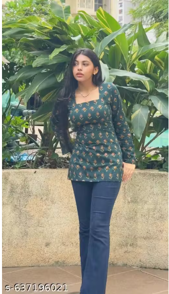 Teal Floral Booti Square Neck Side Tie-Up Short Kurti