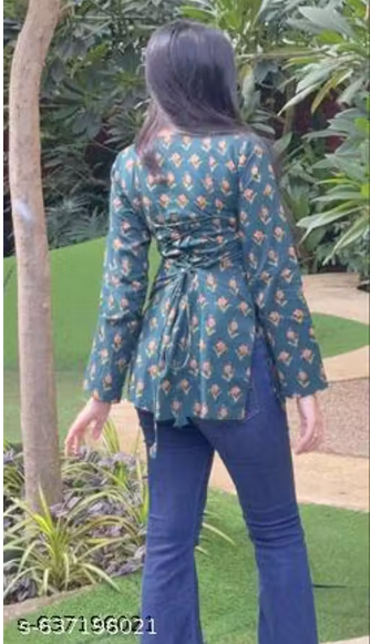 Teal Floral Booti Square Neck Side Tie-Up Short Kurti