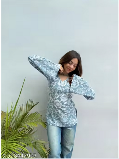 Blue Daisy Floral Square Neck Puff Bell Sleeve Fitted Kurti
