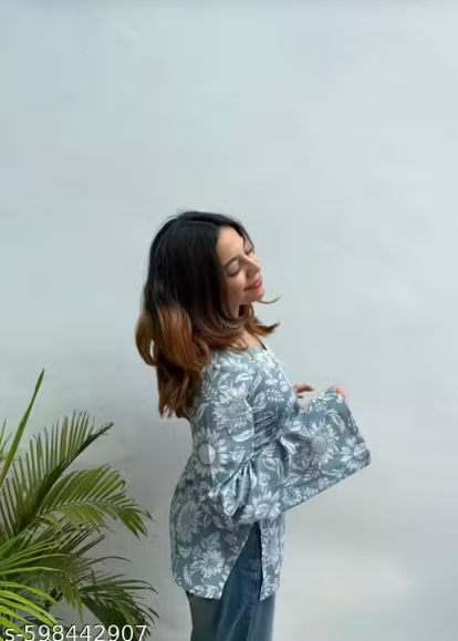 Blue Daisy Floral Square Neck Puff Bell Sleeve Fitted Kurti