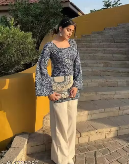 Navy Ajrakh Print Square Neck Bell Sleeve Fitted Kurti