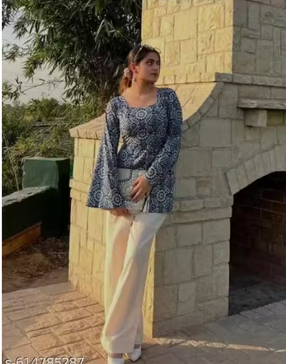 Navy Ajrakh Print Square Neck Bell Sleeve Fitted Kurti