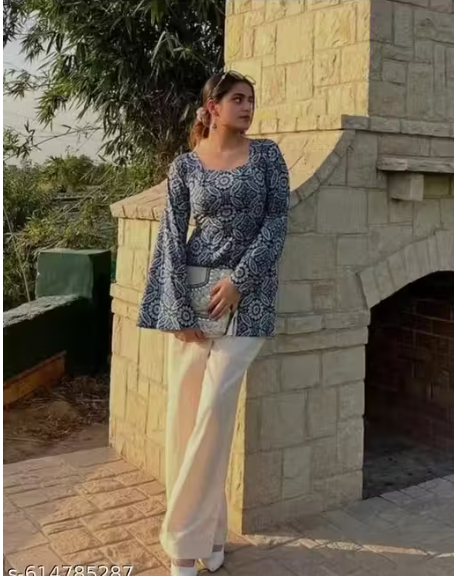 Navy Ajrakh Print Square Neck Bell Sleeve Fitted Kurti