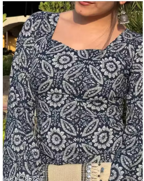 Navy Ajrakh Print Square Neck Bell Sleeve Fitted Kurti
