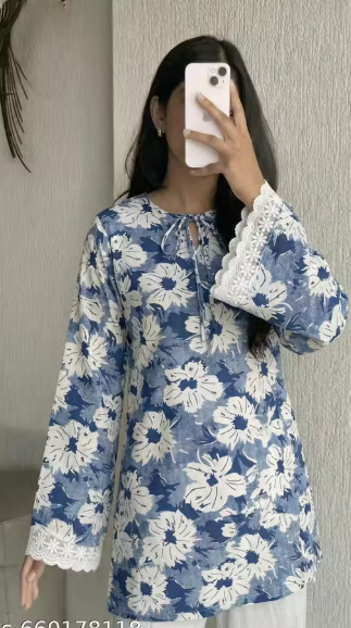 Blue Daisy Floral Tie-Neck Lace Cuff Straight Midi Kurti