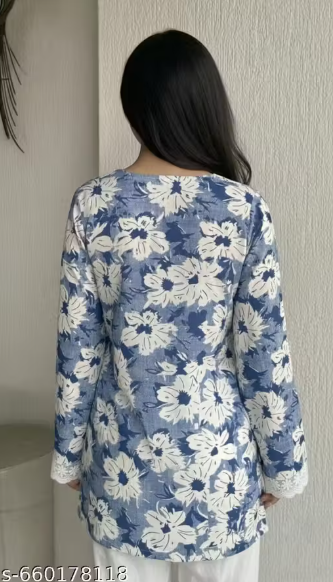 Blue Daisy Floral Tie-Neck Lace Cuff Straight Midi Kurti