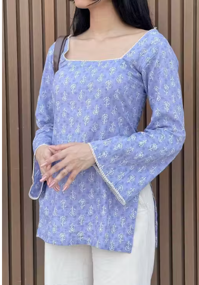 Floral Corset Lace-Back Bell Sleeve Square Neck Kurti