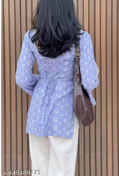 Floral Corset Lace-Back Bell Sleeve Square Neck Kurti