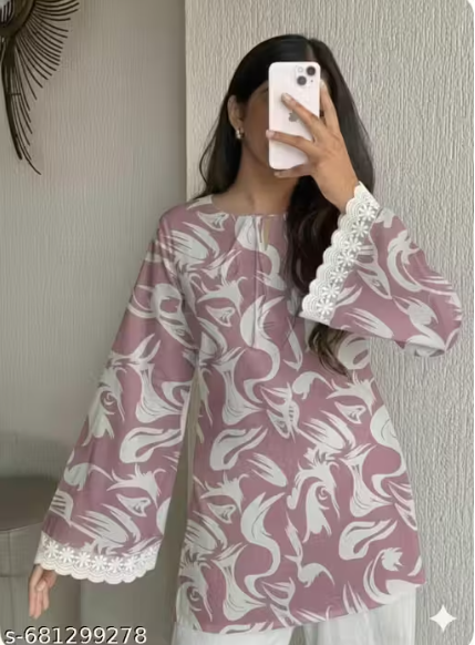 Abstract Print Daisy Lace Cuff Bell Sleeve Kurti