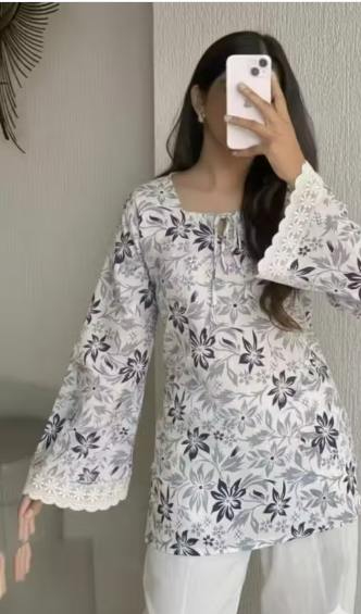 White Grey Botanical Floral Tie-Neck Daisy Bell Sleeve Short Kurti