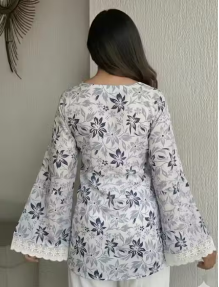 White Grey Botanical Floral Tie-Neck Daisy Bell Sleeve Short Kurti