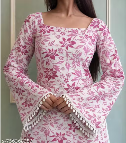 Blush Pink Floral Square Neck Puff Sleeve Fitted A-Line Kurti