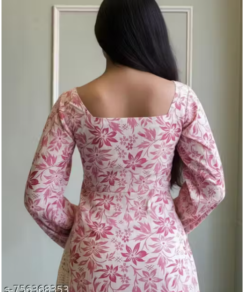 Blush Pink Floral Square Neck Puff Sleeve Fitted A-Line Kurti