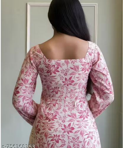 Blush Pink Floral Square Neck Puff Sleeve Fitted A-Line Kurti