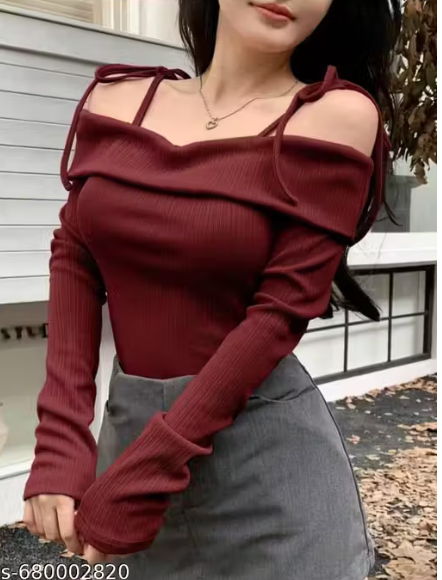 Tie-Strap Cold Shoulder Full-Sleeve Top (Wine Red)