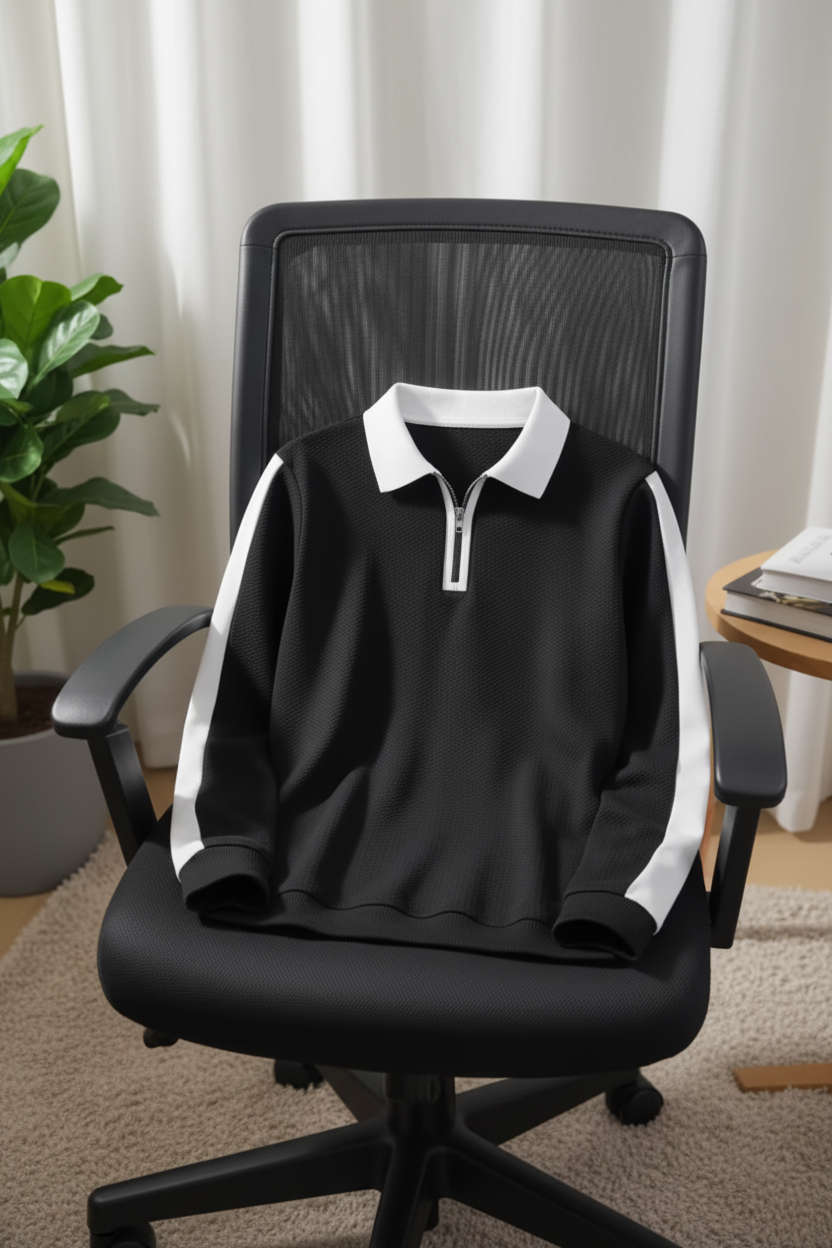 Contrast Side Panel Quarter-Zip Polo Sweatshirt – Black/White